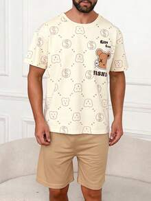 Summer Sleepwear For Men, Thin Round Neck Solid Color All-Over Bear Print Short Sleeve Shorts 2 Pieces Set, Comfortable Casual Cute Pajamas - Multicolor - View 2