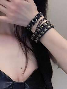 1 chiếc vòng tay phong cách Punk-Chic cá tính, vòng tay da PU dạng dây xích dành cho nữ, phụ kiện dự tiệc. - Vòng đeo tay - Xem 2