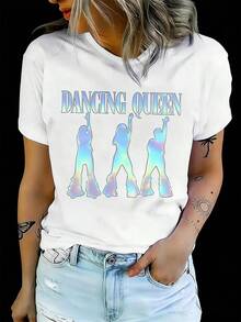 100%  cotton women's short-sleeve T-shirt, printed with Y2K retro Dancing Queens golden disco ball and bright color text pattern. Machine washable, breathable and comfortable to wear. Suitable for girls' gatherings, music festivals, holiday parties, daily commuting, outdoor trips, good for all seasons. - Weiss - Übersicht 1