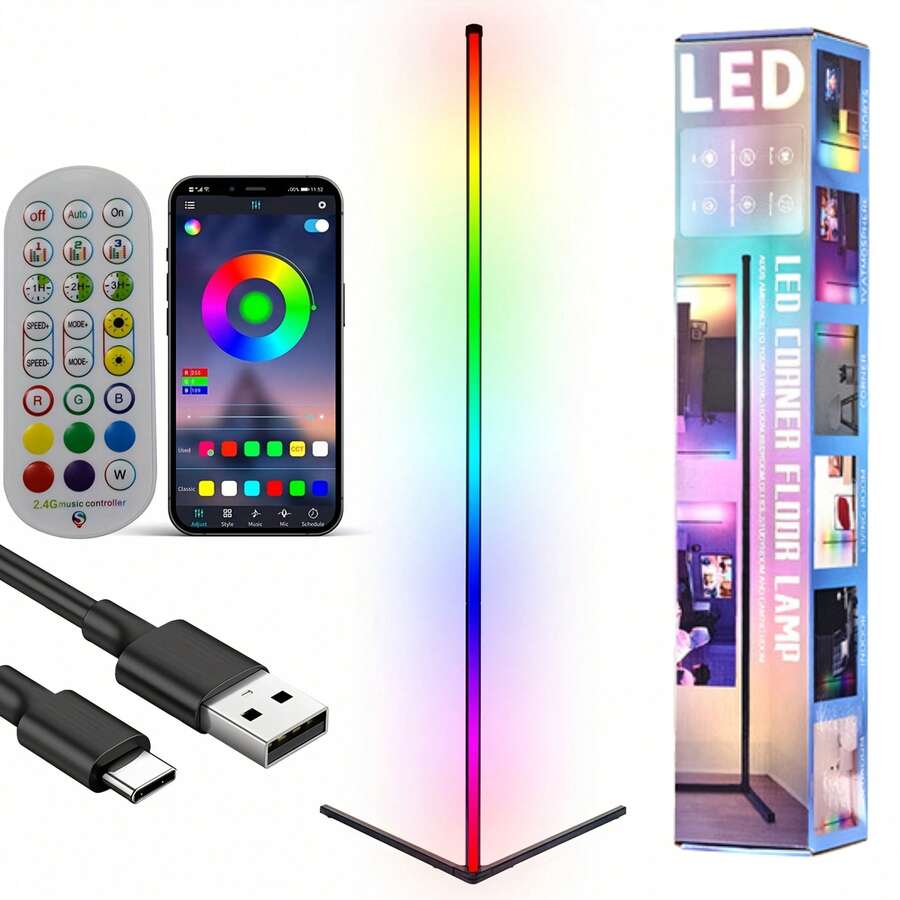 LED Corner Floor Lamp - DIY Color Changing, RGB Smart Modern Lamp (Adjustable, Approx. 142cm) With Remote Control And App Remote Control, Powered By USB Port, Four Modes That Move With The Music, Suitable For Game Rooms, Bedrooms, And Holiday Decorations - AS-02/1 - Xem 1