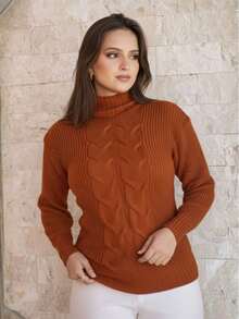 Women's Cold Weather Sweater Turtleneck Wool Puff Sleeve Knitted Knit Braids - 鏽 - 查看 8