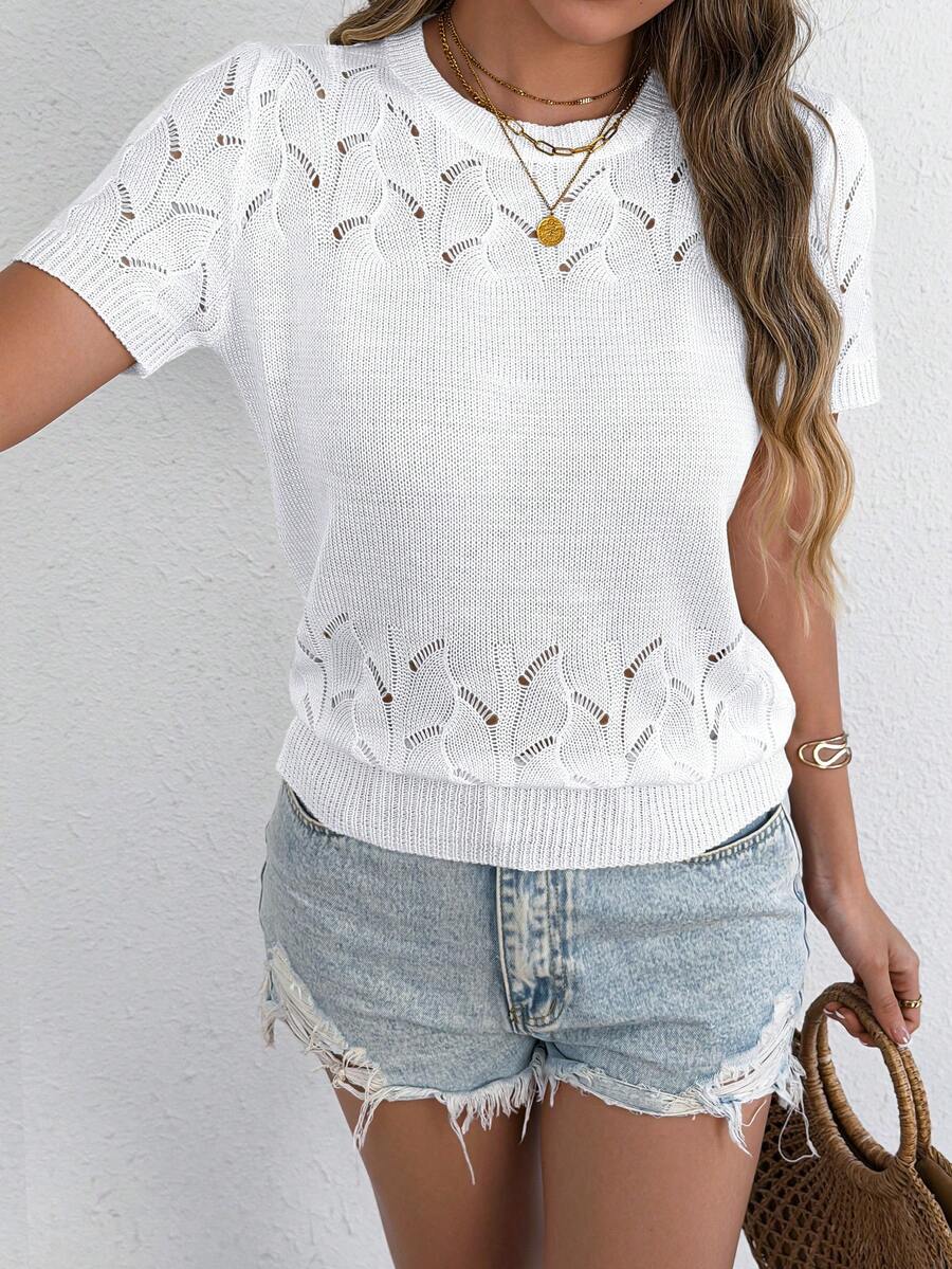 Casual Round Neck Hollow Ribbed Solid Color Short Sleeve Women Knit Sweater Top, Everyday Spring/Summer Pullover White - White - View 1