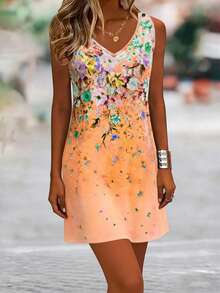 Đầm nữ kiểu bohemian thanh lịch, cổ chữ V, không tay, dây ngắn, thích hợp mặc hàng ngày và đi nghỉ mát mùa xuân/hè. - trái cam - Xem 5