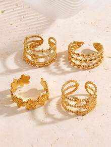 4pcs Stainless Steel Gold Star & Moon Knuckle Rings Set, Suitable For Daily Wear Or As Gift - Gold - View 3
