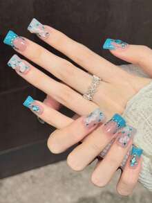 10 piezas de uñas postizas cortas con forma de pato, estilo francés azul lago con cristales, patrón floral elegante, ajuste cómodo - Azul menta - Ver 9