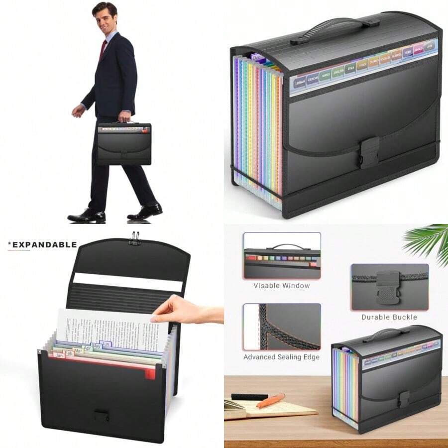 Carpeta expandible de archivos con asa organizador de archivos de acordeón con 13 bolsillos organizador portátil de documentos caja de archivos organizador de archivos para hogar escuela - NEGRO MATE - Ver 1