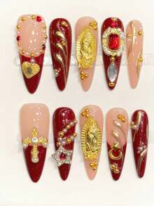 Long Teardrops False Nails With Retro Red Gold Cross Design Hand-Made 10 Pieces Set For Women - Burgundy - View 8