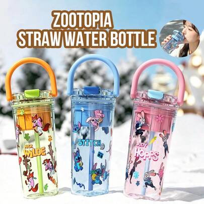 Disney Zootopia Straw Water Cup,650ml Capacity,High Temp Resistant Plastic,Detachable Silicone Straw,One-Click Pop-up Lid,Sealed Leakproof,Portable Lanyard,Lightweight,Easy to Clean,Colorfast Printing,Home Office Outdoorals, Officeal Travel
