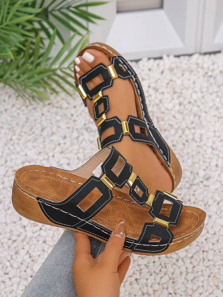 New Fashion Women Sandals Elegant White Black Summer Beach Slides Thick Bottom Wedge Slippers - Black - View 1