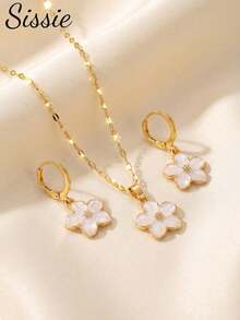 2pcs/Set TeenGirls Sweet Fashionable Popular Pink Five-Petal Flower Pendant Necklace & Hoop Earrings For Teengirls Beautiful Stylish Street Party Banquet Vacation Festival Anniversary Valentine's Day Graduation Back To School Birthday Jewelry Gift For Daily Wear - White - View 1