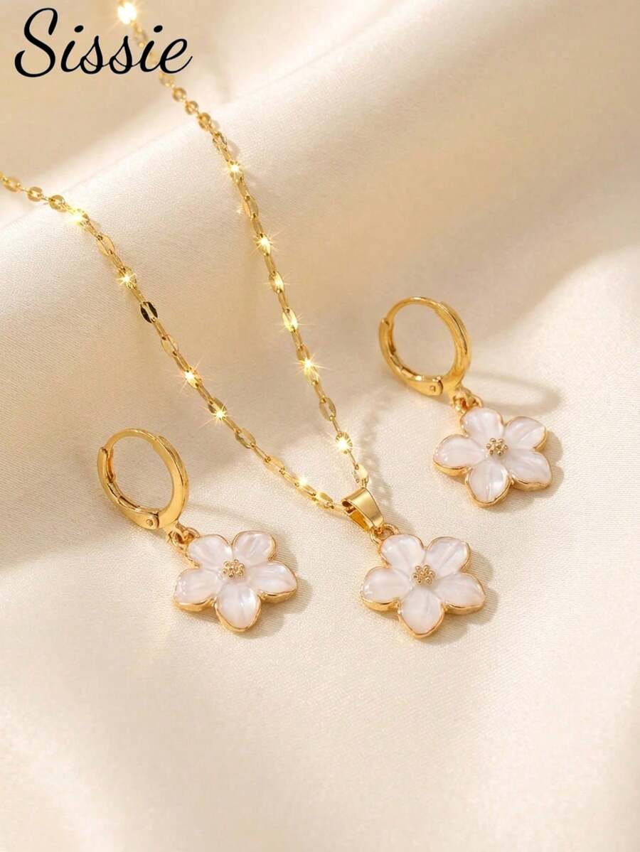 2pcs/Set TeenGirls Sweet Fashionable Popular Pink Five-Petal Flower Pendant Necklace & Hoop Earrings For Teengirls Beautiful Stylish Street Party Banquet Vacation Festival Anniversary Valentine's Day Graduation Back To School Birthday Jewelry Gift For Daily Wear - White - View 1