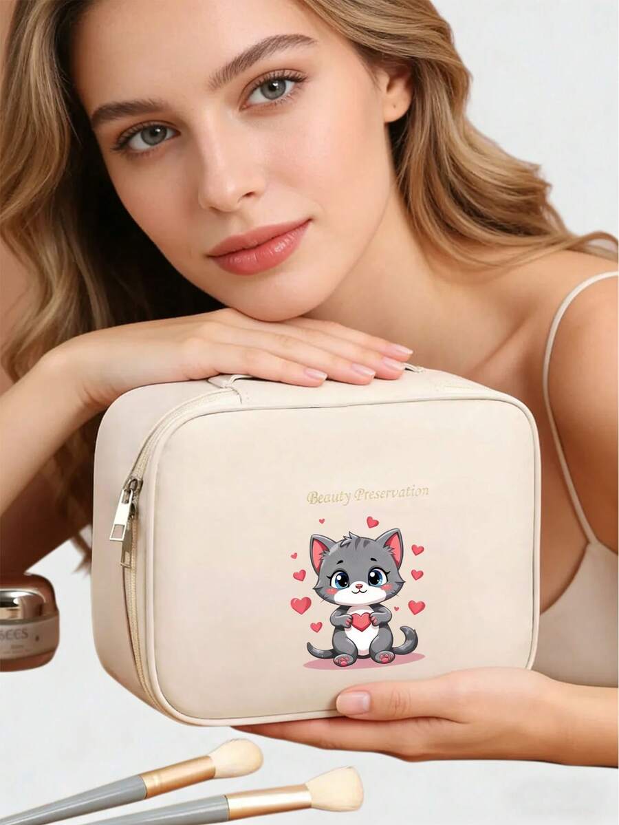 1pc Cute Cat Design Makeup Bag, Waterproof Large Capacity Detachable Cosmetic Organizer Bag, Portable Handheld Multi-Functional Toiletry Bag - Multicolor - View 1