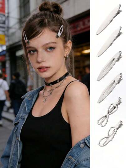 6pcs Stylish Silver Hair Clips,Y2k Streetwear Style,6cm/2.36in Heart/Bow/Oval Duckbill Side Bang Clips,Anti-Slip Retro/Fashionable/Personalized Hair Accessories For Women & Girls,Spring And Summer,Daily Use,Short And Long Hair,Makeup,Parties,Festival Gift,Music Festivals,Beach Vacations,Multi-Functional Claw Clips Hair Barrettes Hair Clips Hair Accessories