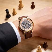 LONGLUX 1 chiếc đồng hồ cơ tự động nam, họa tiết bàn cờ, đồng hồ đeo tay cơ quốc tế hình cờ vua, số La Mã cổ điển, dây da kiểu doanh nhân, phù hợp để đeo hàng ngày. - màu nâu - Xem 5