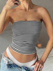 Vaiaye 女士性感无肩带弹力修身条纹印花基本款背心，时尚无肩带吊带T恤，适合春夏穿着 - 黑白條紋 - 查看 11