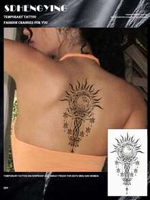 1pc Waterproof Temporary Tattoo, Sexy Geometric, Moon & Sun Patterns, Lasts 3-5 Days, Suitable For Men & Women To Cover Scars On Chest, Waist, Arms, Thighs Or Back, Great For Parties, Gifts, Vacations, Easy To Apply & Remove One-Time Body Art Tattoo Sticker,Spine Tattoo - Black - View 1