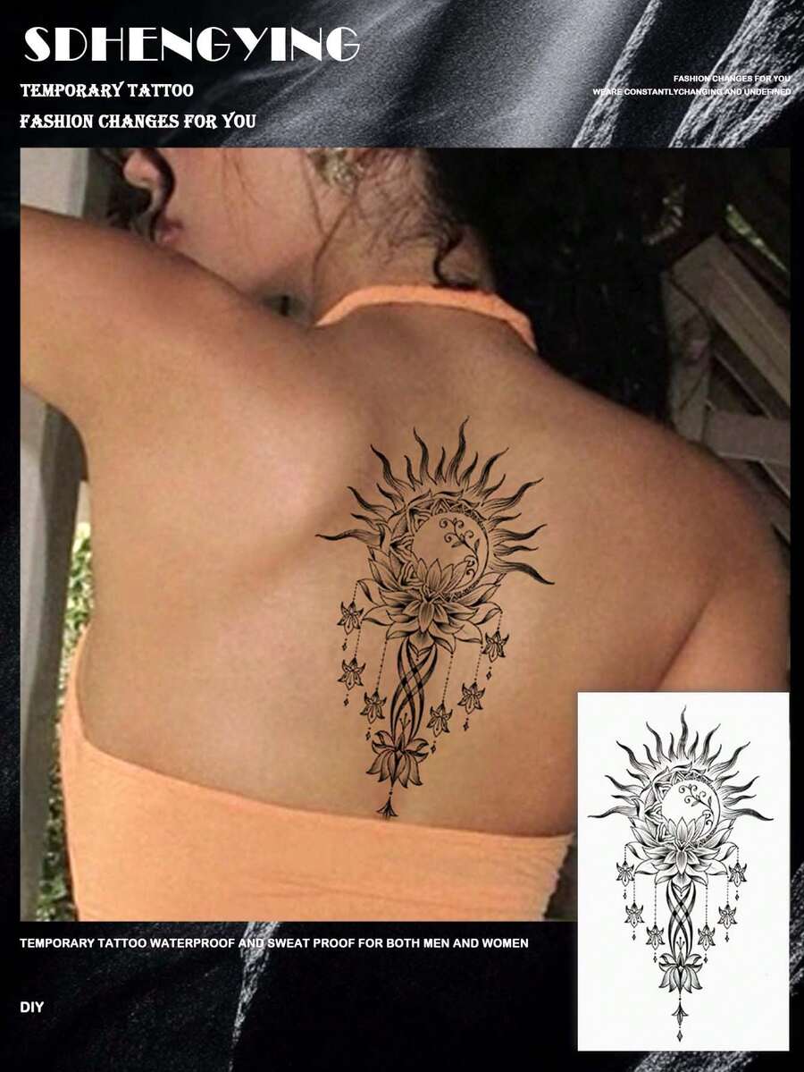 1pc Waterproof Temporary Tattoo, Sexy Geometric, Moon & Sun Patterns, Lasts 3-5 Days, Suitable For Men & Women To Cover Scars On Chest, Waist, Arms, Thighs Or Back, Great For Parties, Gifts, Vacations, Easy To Apply & Remove One-Time Body Art Tattoo Sticker,Spine Tattoo - Black - View 1
