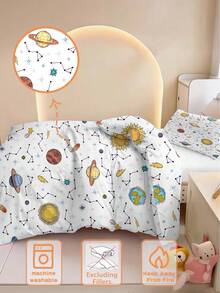 2件組嬰兒床上用品套裝，可正反面使用的被套，行星與星空圖案，適用於嬰兒床，可水洗，節日禮物（不含填充物），單面印花枕套，100%聚酯纖維 - 彩色 - 查看 4