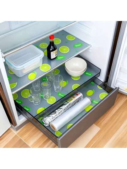4 piezas Láminas personalizables de EVA con patrón de limón y flor de begonia, para forrar cajones, refrigeradores, estantes, escritorios, gabinetes, impermeables, lavables, reutilizables, adecuadas para decoración de cocina y refrigerador