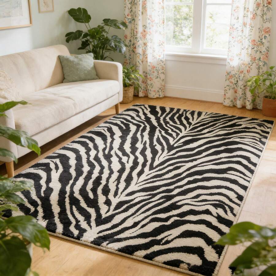 1pc Zebra Print, Giraffe Print Decorative Rug, Soft Velvet Yellow Black Zebra Pattern, Pink Black Zebra Pattern, Fashionable Geometric, Art Carpet Suitable For Bedroom, Kitchen, Farmhouse, Living Room, Decorative Mat, Home Decor, Applicable To Living Room, Bedroom, Office Simple Room Decor