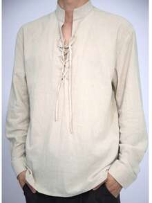 Camisa casual de cuello en V con cordón para hombres - Caqui - Ver 2