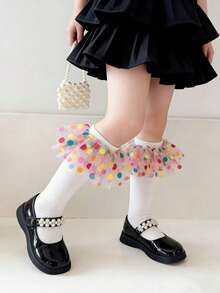 1/3 Pairs Colorful Rainbow Polka Dot Tulle Lace Trim Girls Socks, Black, White, Soft & Comfortable Knee-High Socks, Fashionable & Cute, Suitable For Dancing, Party, Daily Wear, Fits Ages 2-12, Holiday Gift - Multicolor - View 6