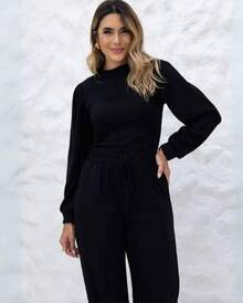 Women's Woolen Set - Pants And Turtleneck Top - Winter - Black - View 1