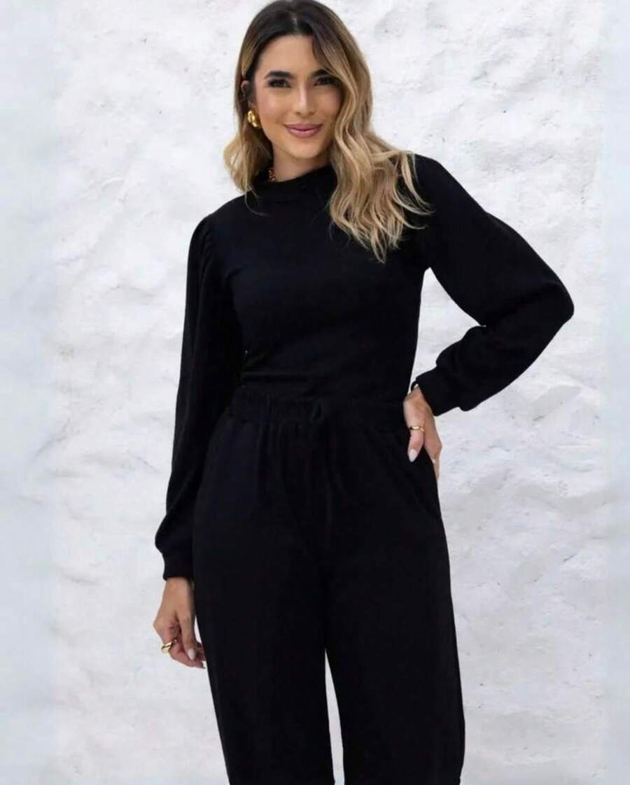 Women's Woolen Set - Pants And Turtleneck Top - Winter - Black - View 1