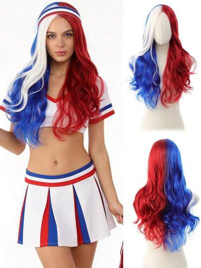 World Cup Themed Wigs: Colorful Wavy Wigs, Holiday Themed Wigs, Blue/Red/White Themed Wigs; Multi-Color Wavy Wigs, Special Edition Wigs, Synthetic Fiber Wigs And Wig Liners - Ideal For Carnivals, Sports Events And Parties