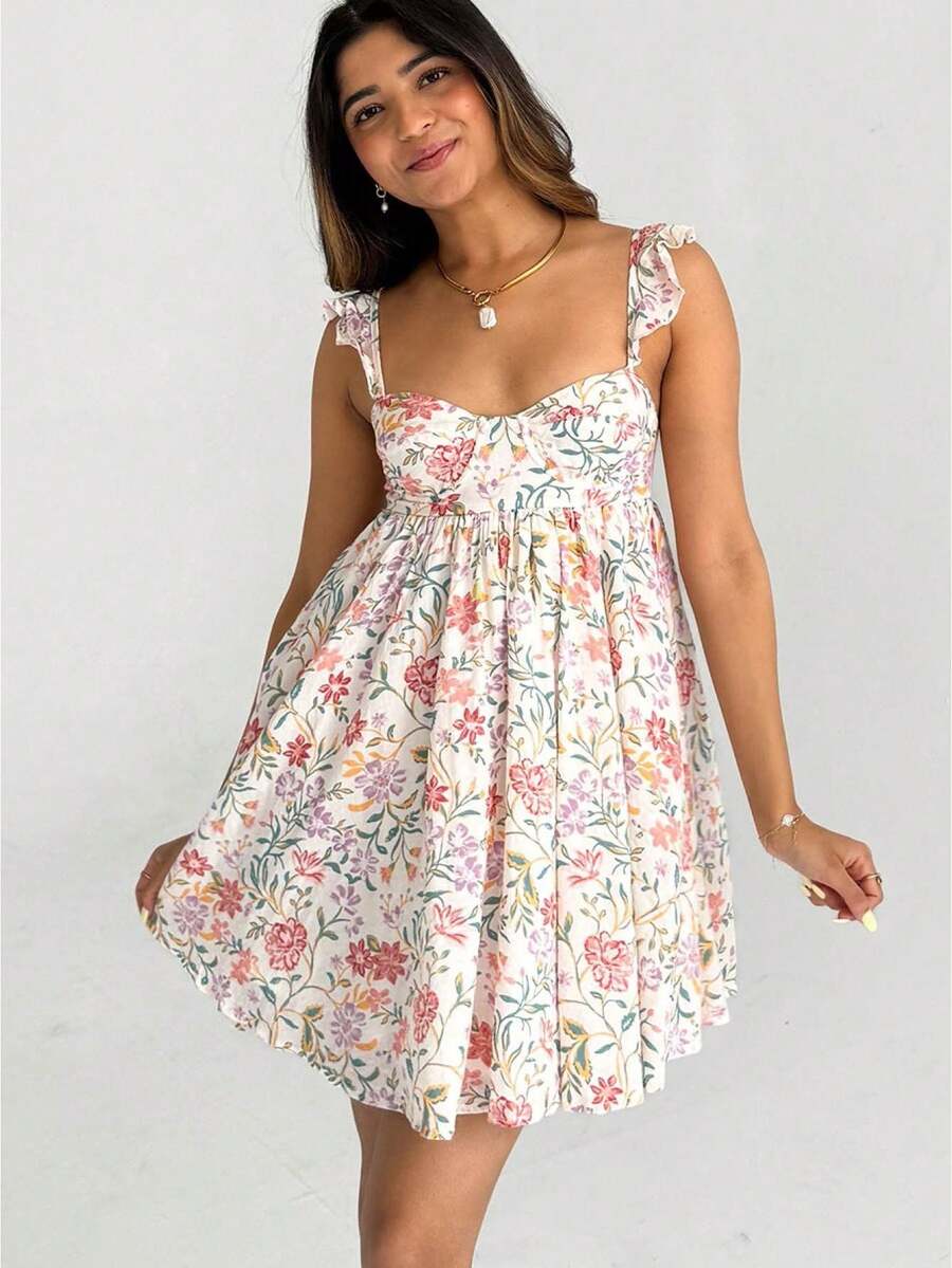 Women Floral Ruffle Strap Babydoll Dress Sleeveless Backless A-Line Summer Mini Sundress - 杏色 - 查看 1