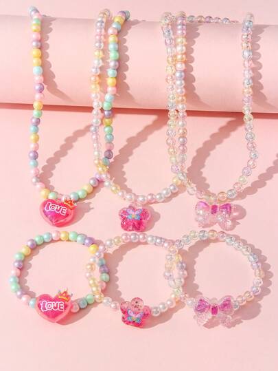 Bộ 6 chiếc vòng tay đính hạt hình trái tim, hoa, nơ dễ thương, nhiều màu sắc, thích hợp làm quà tặng mùa xuân/hè, lễ hội, tiệc tùng, đi học, sinh nhật cho bé gái.