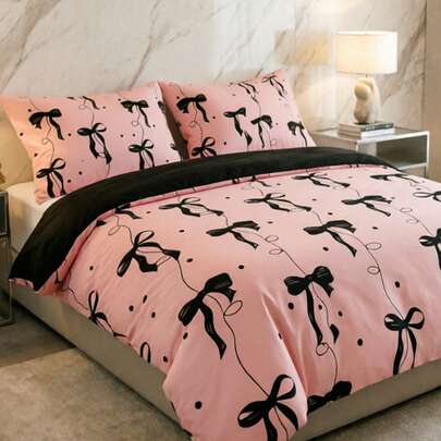 3pcs Cute Pink Bow & Polka Dot Print Duvet Cover Set,Pillow Pattern Is Random Duvet Cover Set (1 Duvet Cover + 1/2 Pillowcase Without Pillow Insert), Bedding Set, Soft Warm And Cozy Bedding Set For Bedroom, Guest Room, Dormitory Decoration