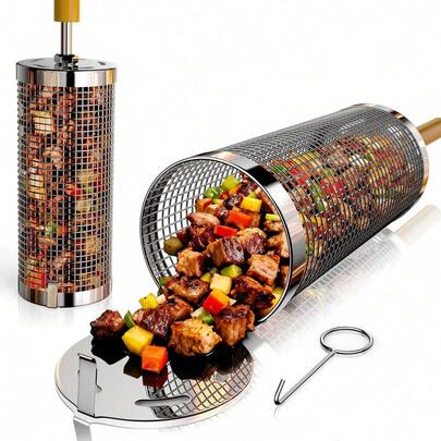 2pcs Upgraded 304 Stainless Steel Nested Barbecue Grill Basket With Detachable Wooden Handle, Suitable For Grilling Vegetables, Shrimp And Meat, Ideal For Camping, Outdoor Cooking, Great Gift For Dad Or Men