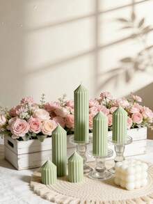 1pc Dopamine-Inspired Light Green Striped Cone Candle Pillar (Diameter 5cm/1.97in), Suitable For Meditation, Lighting, Ambiance Creation, Home Decor, Room Decor, Party, Holiday, Tabletop Display, Wedding, Birthday Gift, And Women's Gift - Pea Green Pointed Top - View 2