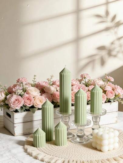 1pc Dopamine-Inspired Light Green Striped Cone Candle Pillar (Diameter 5cm/1.97in), Suitable For Meditation, Lighting, Ambiance Creation, Home Decor, Room Decor, Party, Holiday, Tabletop Display, Wedding, Birthday Gift, And Women's Gift