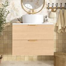 60cm Wall-Hung Bathroom Vanity Unit With Round Ceramic Sink, Drawer Fronts With Wood Look And Simple Stripe Design, High Quality MDF Board, Large Storage Capacity: 2 Drawers + Countertop. - Wood Color - View 2