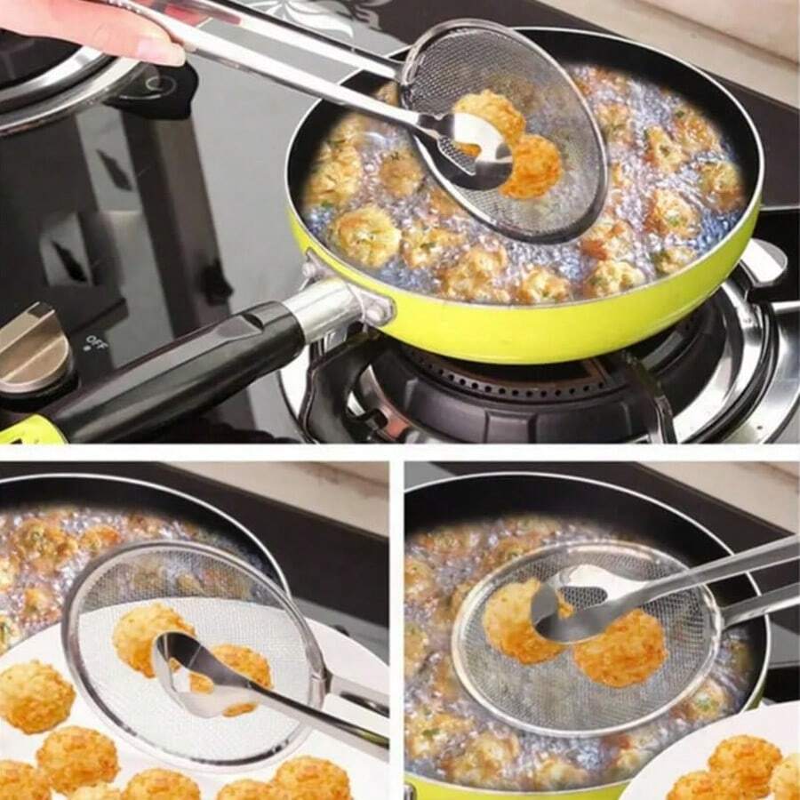 Stainless Steel Deep Fry Strainer - Multi-Function Kitchen Strainer Clip, High Heat Resistant Food Strainer Clip, Metal Frying Pan Oil Strainer Clip, Kitchen Tool - Silver - View 1