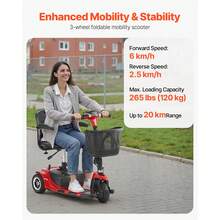 3-Rad-Elektromobil, faltbares Seniorenmobil mit 20 km Reichweite, Mobilitätsroller, All-Terrain-Reiserollstuhl mit Anti-Rutsch-Rädern, 9° Steigfähigkeit & 120 kg Tragkraft, 940x500x840 mm - Demontierbar und klappbar, Rot, 3 Räder, 20 km - Übersicht 2