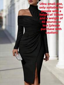 Ladies' French Summer Fashion Solid Color Elegant Asymmetric Design Olive Green Hanging Neck Off Shoulder Wrinkled Long Sleeve Off Shoulder Split Hip Wrapping Dress Elegance Slimming Medium Length Dress - 黑色 - 查看 11