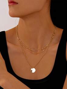 2pcs Minimalist Beachy 3-Layer Disc Pendant Necklace, Versatile Choker Style For Women, Ideal For Travel, Vacation, Gaming And Entertainment - Gold - View 2