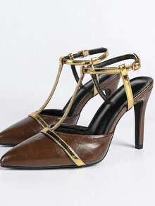 New Arrival Women's French Style Pointed Toe Thin Heel T-Strap High Heel Shoes, Summer Sandals - Brown - View 6