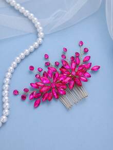 1件优雅紫红色水晶发梳，新娘婚礼头饰，手工水晶发夹，派对配饰 - 玫紅色 - 查看 3