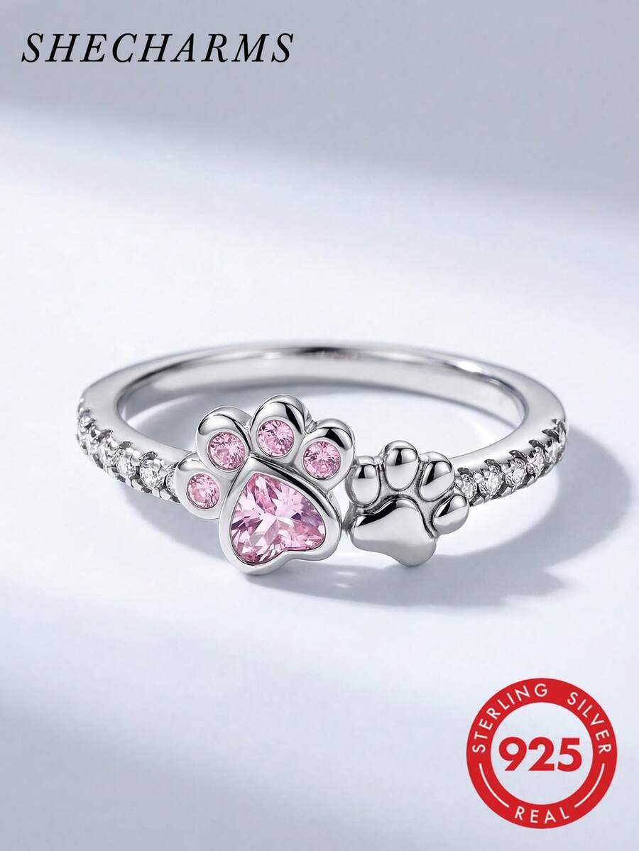 1pc 925 Sterling Silver Cute Claw-Shaped Ring, Available In Multiple Sizes, Inlaid With Diamonds, Suitable For Daily Wear And Party, High-Quality Jewelry Gift - Style 3 - View 1