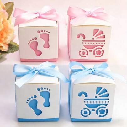 10 hộp quà tặng sinh nhật cho bé, hộp đựng kẹo hình xe đẩy rỗng, hộp quà in hình dấu chân dễ thương
