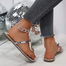Sandals Flats Slides For Women Round Toe Buckle Decorated Dressy Flip Flops Thong Slide Slippers Summer Casual Beach Shoes - Silver - View 10