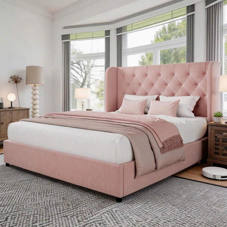 Full Bed Frame With Velvet Button-Tufted Headboard , Upholstered Bed Frames, Soft Fabric, Button Tufted Headboard With Windback, Curved Wingback Design,  Queen Bed Frame/ King Bed Frame/ Full Size Bed Frame, Pink/ White/ Grey - 粉色 - 查看 1