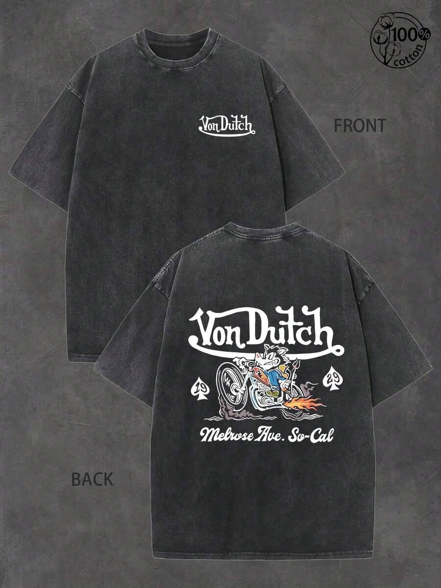 Vons Dutches Shirt - "Melrose Ave So Cal" Pattern Neutral Style, Men's 230g Combed Washed Cotton T-Shirt, Mens Creative T-Shirt And Shorts Set Vintage Streetwear Style Vonn Dutchh Motorcycle Graphic And Text Metrose Ave So Cal Print Set Ideal For Daily Wear Family Gatherings Summer Trips And Festive Occasions,Street Short Sleeved Top, Spring/Summer Round Neck Top, Fashionable T-Shirt, Suitable For Daily Casual Wear, Sports, Daily Gatherings In Summer, Men's Graphic Tee, Can Be Worn All Year Round, Unisex - 黑色 - 查看 1