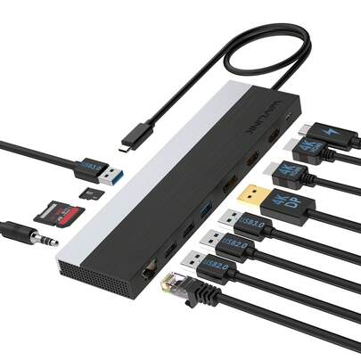 Estación de acoplamiento USB C de triple pantalla 12 en 1, HDMI y DP 4K@60Hz, carga PD de 85W, Ethernet Gigabit, SD/TF, audio, para Windows