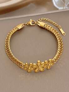 1Pc 18K Gold Plated Vintage Flower Twisted Layer Chain Bracelet, For Women Ladies, Summer Beach Stainless Steel Jewelry, Vacation Season, Gifts For Mom, For Daily Party Dates Gala Wedding Valentine Anniversary Music Festival Christmas, Dates, Easter Day - Multicolor - View 2