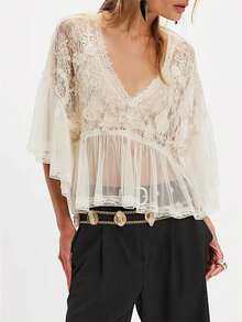 Women Lace See Through Blouse Boho Sheer Long Bell Sleeve Ruffle Poncho Tops Mesh Flowy Frilly Hem Shawl Shirt Summer Going Out Tops Casual Vacation , Suitable For Beach Vacation  Everyday Casual Wear - trắng - Xem 1